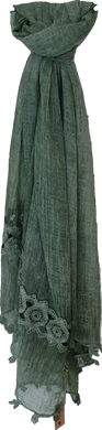 Green Crinkle With Lace Detail Scarf