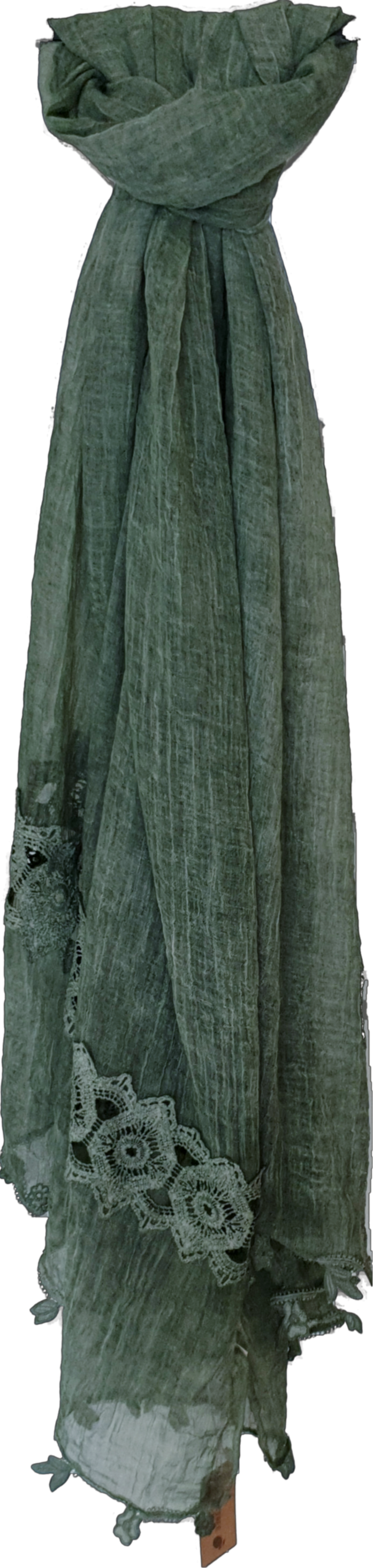 Green Crinkle With Lace Detail Scarf