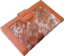 Load image into Gallery viewer, Leather and Cowhide Large Ladies Wallet Los Angeles Tan The Design Edge 