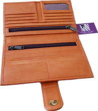 Load image into Gallery viewer, Leather and Cowhide Large Ladies Wallet Los Angeles Tan The Design Edge 