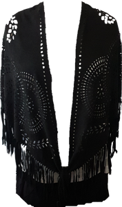 Suede Look Fringe Shawl Scarf Black