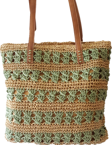 Straw Tote Bag With Khaki Stripe Detail