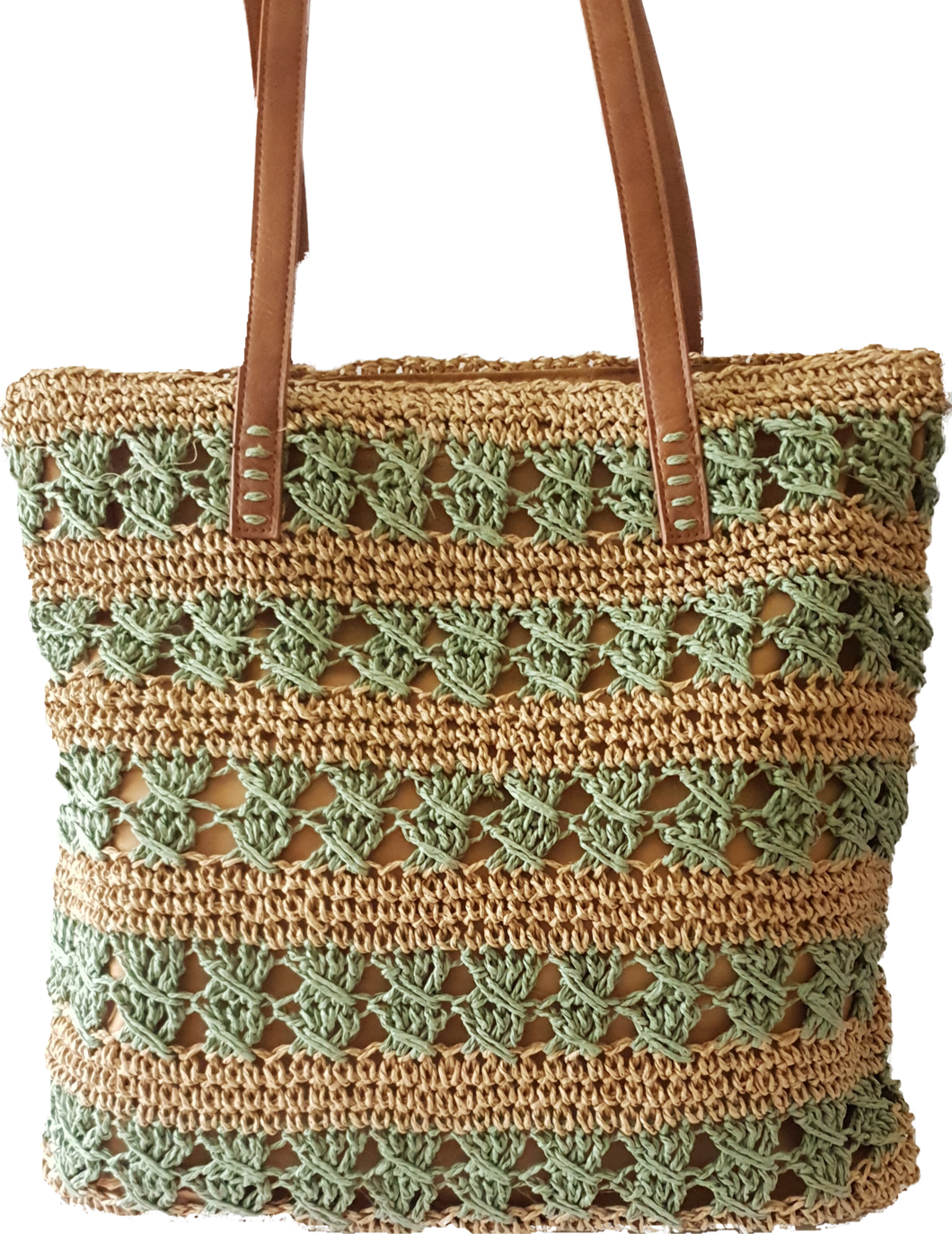 Straw Tote Bag With Khaki Stripe Detail