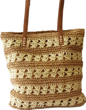 Load image into Gallery viewer, Straw Tote Bag With Cream Stripe Detail 