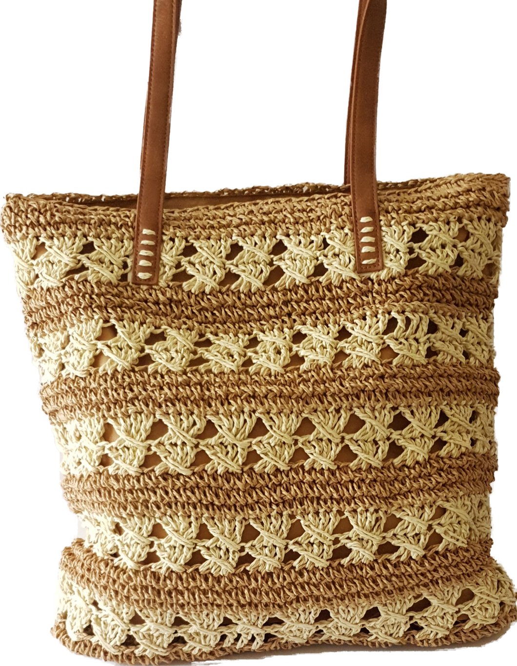 Straw Tote Bag With Cream Stripe Detail 