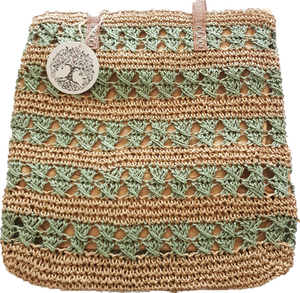 Straw Tote Bag With Khaki Stripe Detail 