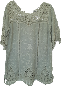 Isabella the Label Khaki Cotton Top With Lace Yoke Detail