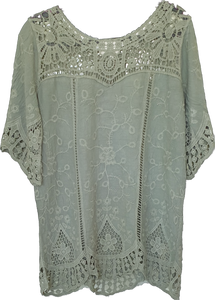 Isabella the Label Khaki Cotton Top With Lace Yoke Detail 