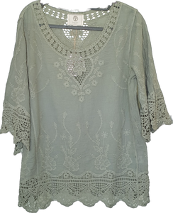 Isabella the Label Khaki Cotton Top With Lace Detail 