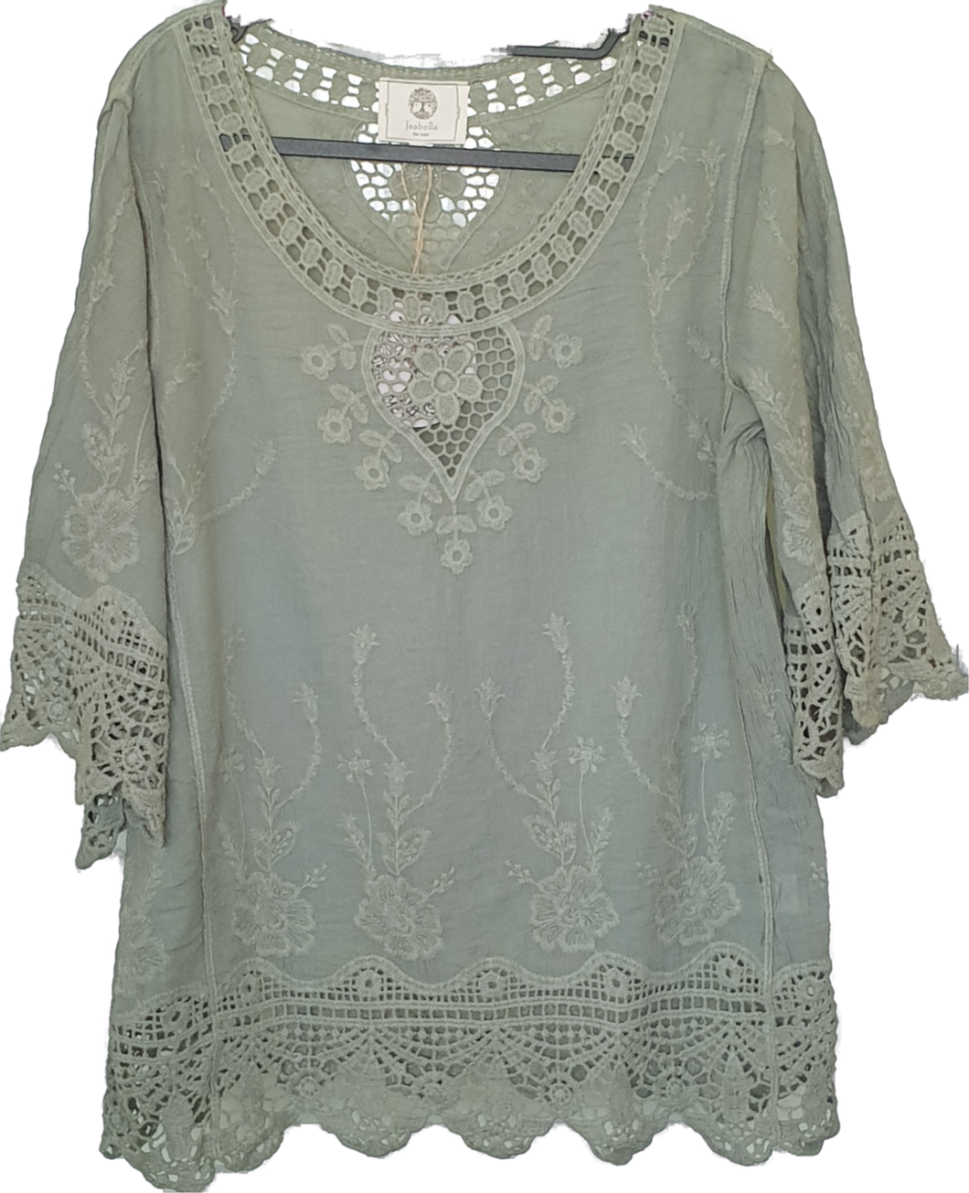 Isabella the Label Khaki Cotton Top With Lace Detail 