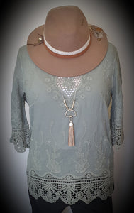 Isabella the Label Khaki Cotton Top With Lace Detail 
