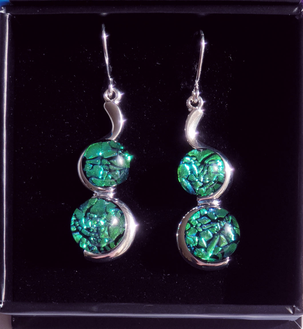 Duo Earring Dichroic Glass Liquid Crystal Australia CrinkleGreen
