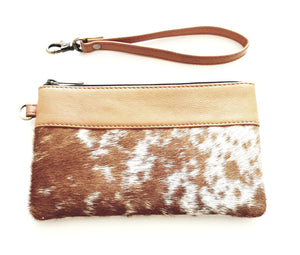 Leather and Cowhide Handy Clutch - Wales - The Design Edge Tan and White