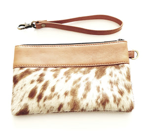 Leather and Cowhide Handy Clutch - Wales - The Design Edge Tan and White